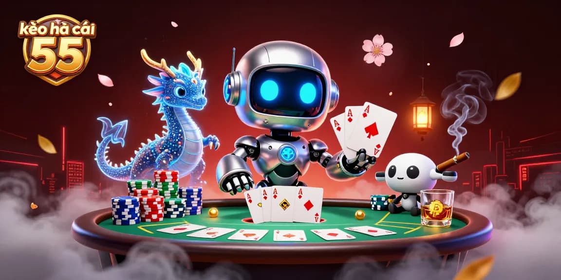 Engage with kèo nhà cái 55 through dynamic poker action illustrated by cyberpunk characters and vibrant gaming elements.