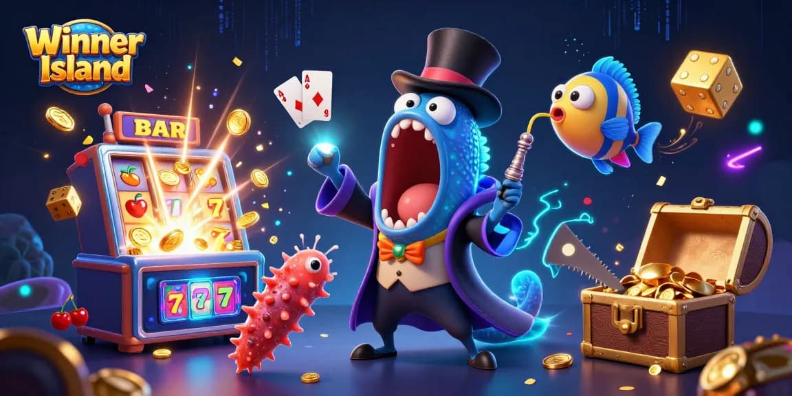 Winner Island casino illustration featuring a bioluminescent eel and slot machines in a vibrant underwater scene.