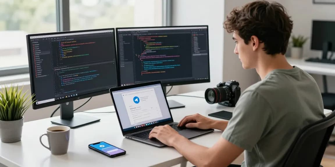 Download Telegram on a modern tech workspace with dual monitors, showcasing messaging and coding applications.