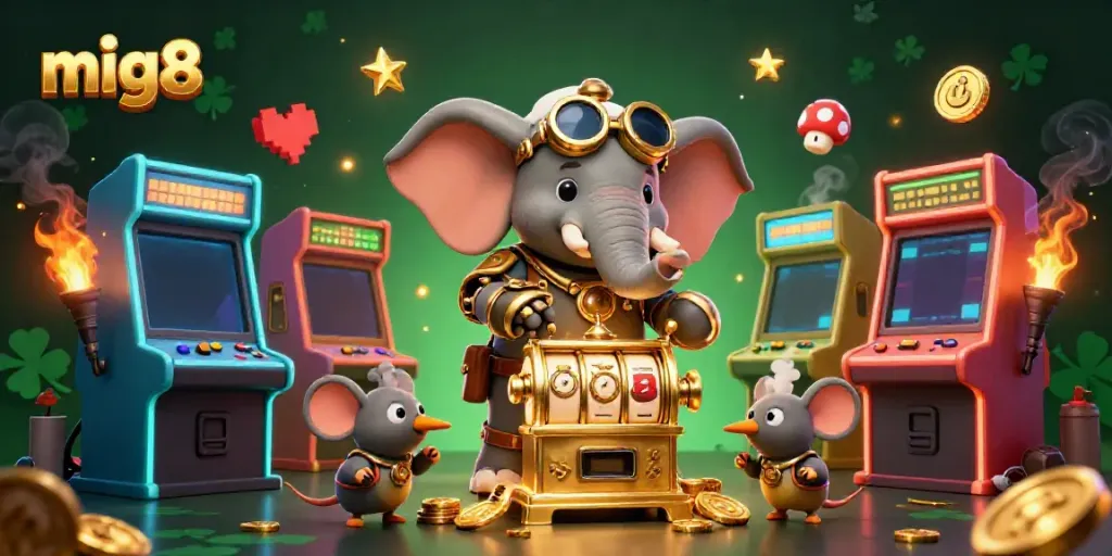 Experience excitement at MIG8 with a steampunk-themed casino scene featuring a slot machine.