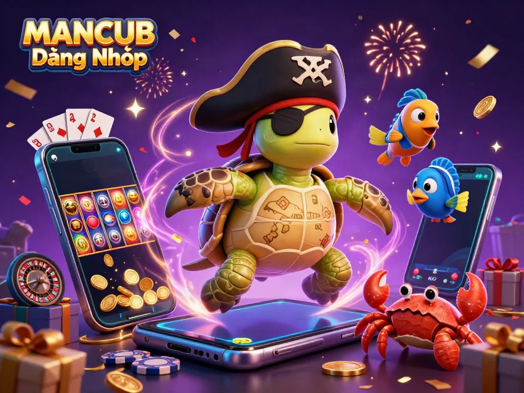 Experience the excitement of MANCUB Đăng Nhập with a vibrant 3D casino scene filled with treasure and games.