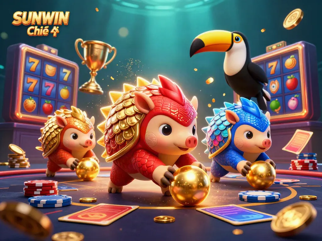 Experience SUNWIN Chính thức with captivating pangolins battling in a vibrant, dynamic casino scene.