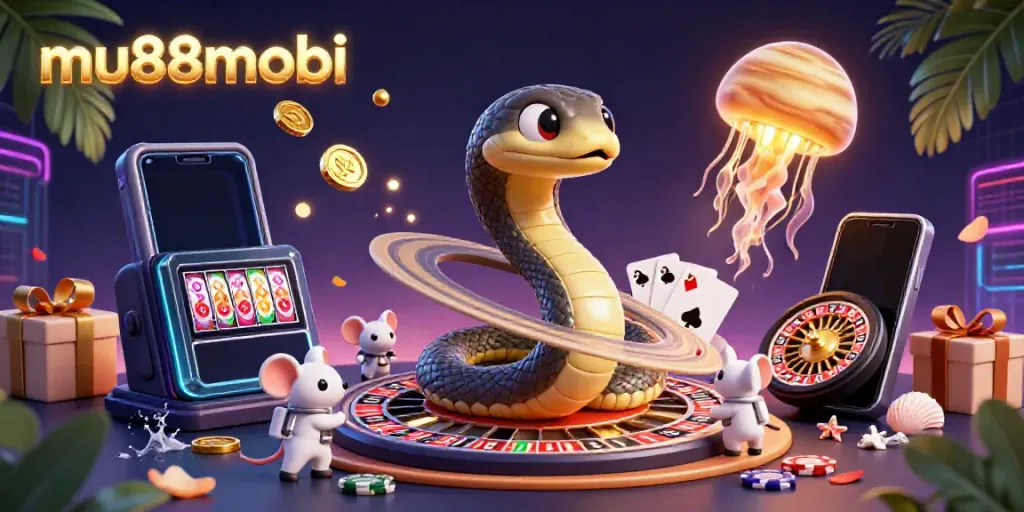 Place bets on the cosmic roulette wheel with mu88mobi's vibrant gambling-themed illustration.