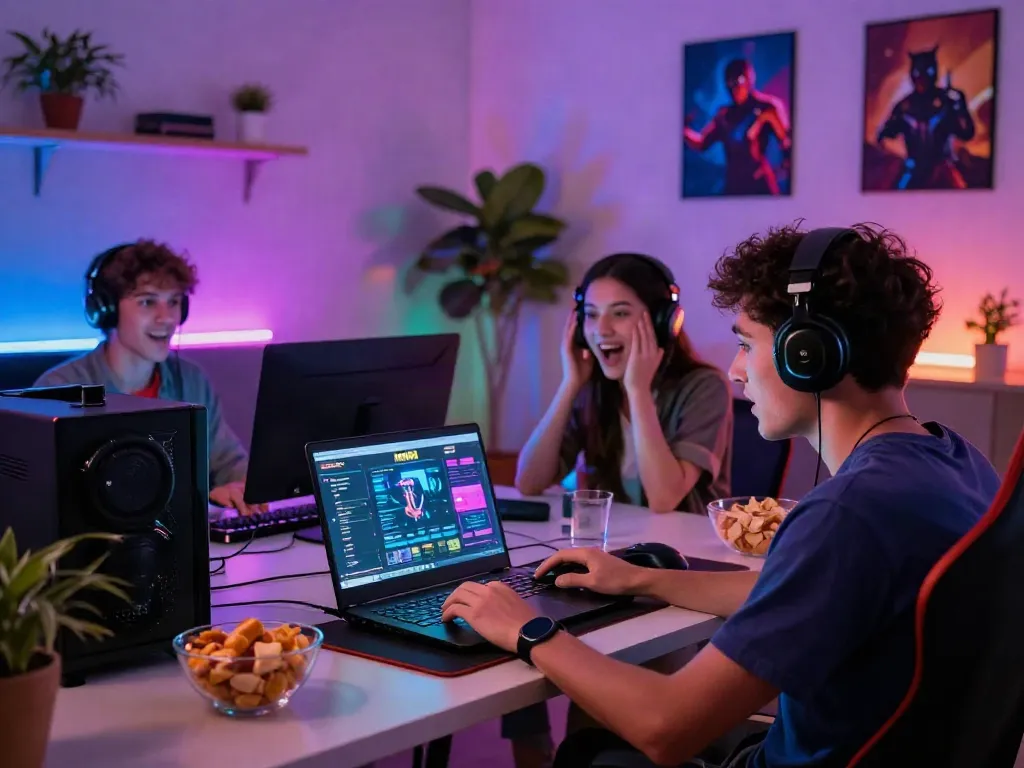 Engaging gaming session at home showing MAN88 interface and friends supporting