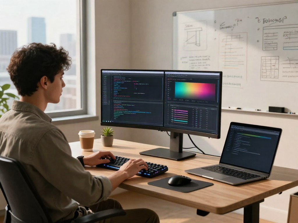 Professional workspace with a software engineer coding an OpenAI-compatible API for multiple models on dual monitors.