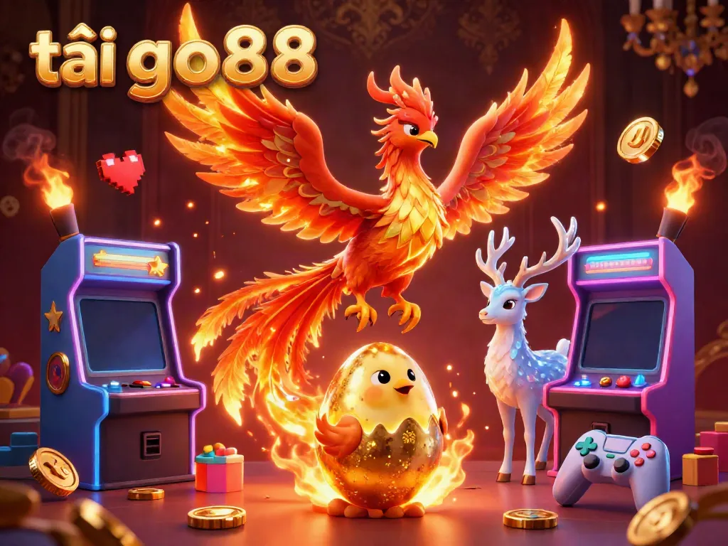 Play to win with tải go88, showcasing a fire phoenix and baby chick surrounded by casino game elements.