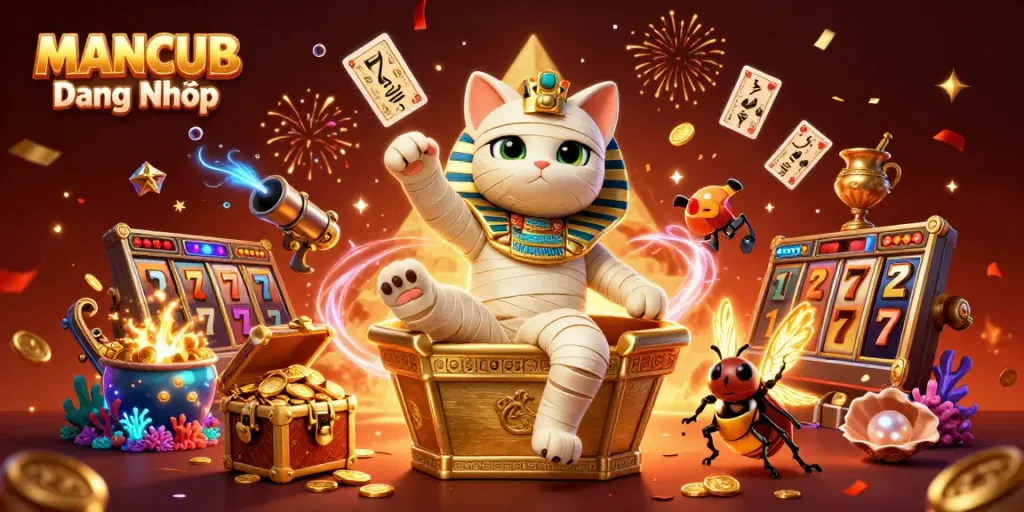 Engage with MANCUB Đăng Nhập featuring a vibrant 3D scene of casino-style characters and elements.
