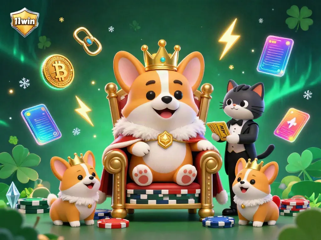 Experience the vibrant 11win universe with a royal corgi in a lavish setting, showcasing unparalleled gambling excitement.