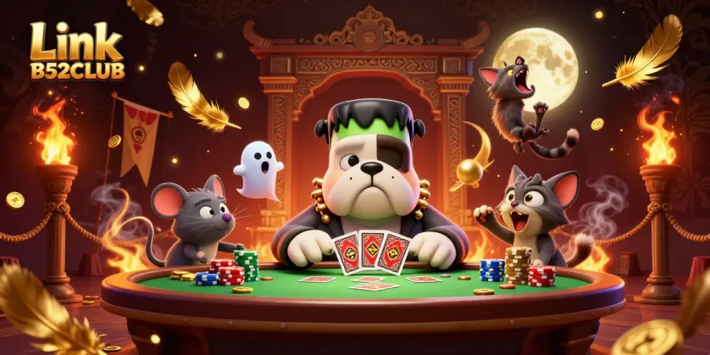 Experience gambling fun with Link B52CLUB as playful characters dance around a vibrant casino.