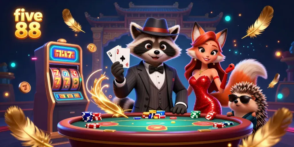 Experience excitement with five 88 at the casino, featuring a suave raccoon and dazzling fox.
