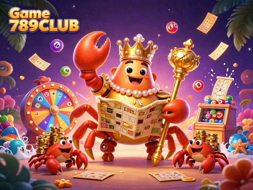 Discover exciting gameplay elements of Game 789CLUB with dynamic visuals of colorful lottery balls and a crab emperor.