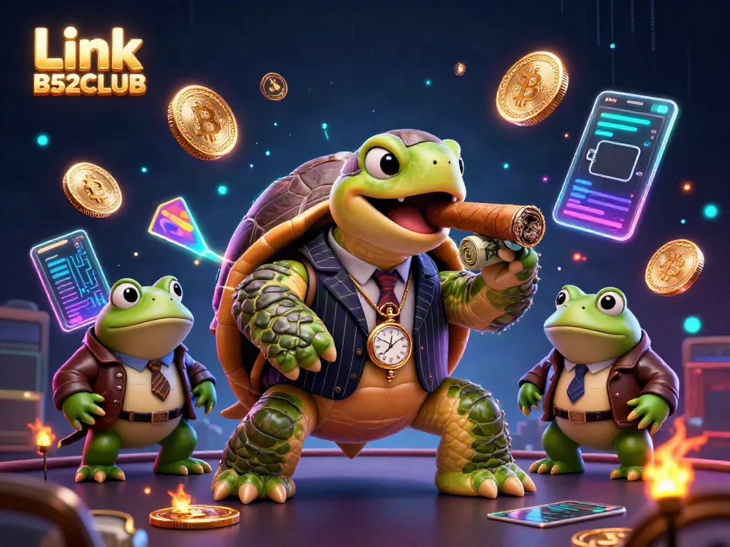 Engage with Link B52CLUB's vibrant 3D casino scene featuring unique characters and cryptocurrency elements.