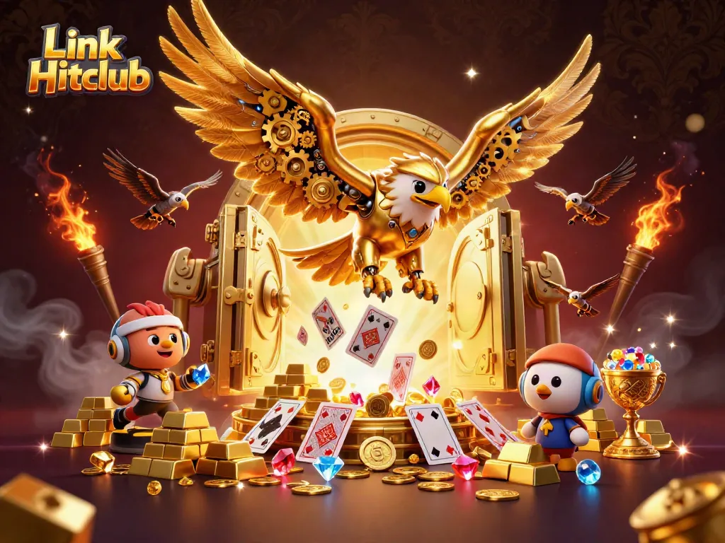 Experience thrilling gaming adventures with Link Hitclub's animated golden eagle amidst dazzling treasures.