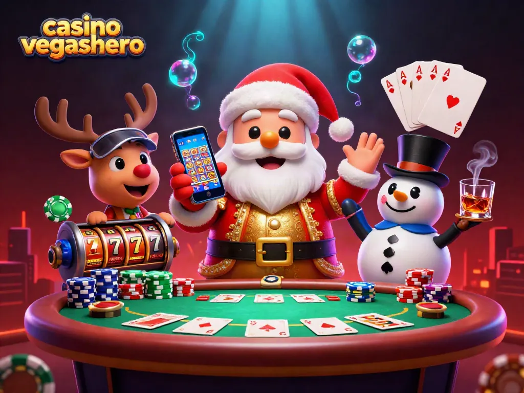 Experience the thrills of casino vegashero with Santa, a reindeer dealer, and a poker chip snowman!