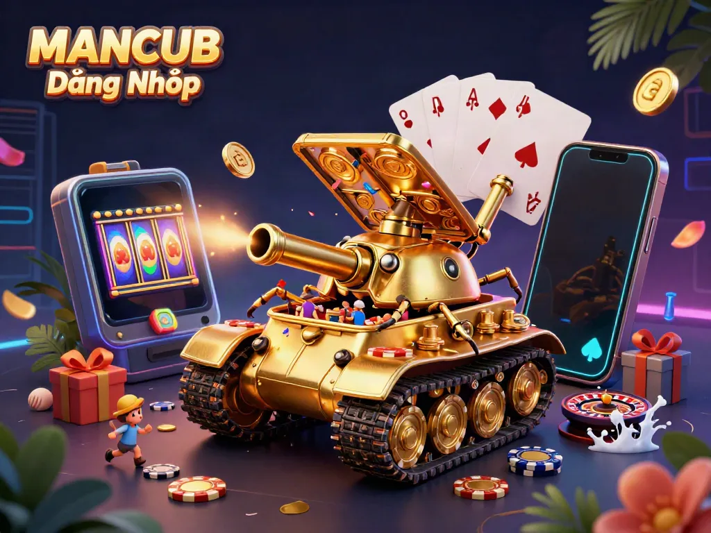 Engage in thrilling gaming experiences with MANCUB Đăng Nhập at a vibrant, miniature casino scene.