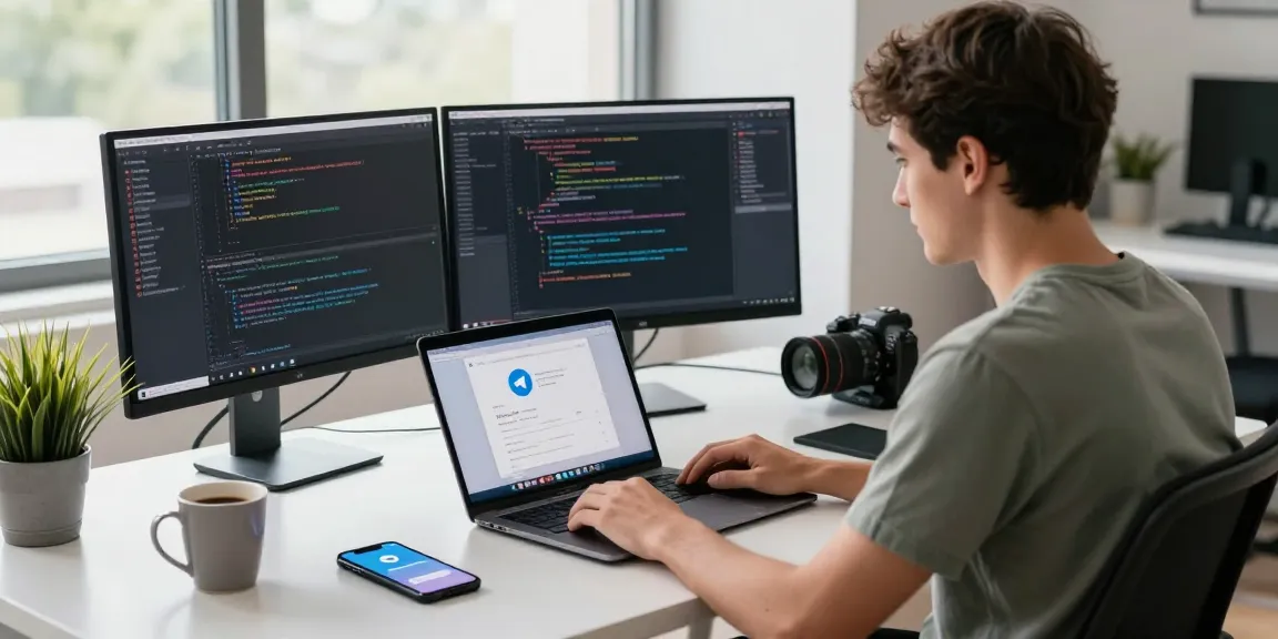 Download Telegram on a modern tech workspace with dual monitors, showcasing messaging and coding applications.