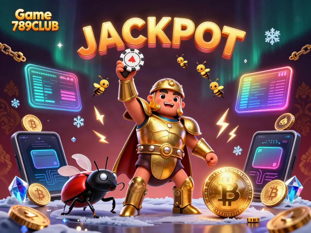 Engage with Game 789CLUB in this vibrant 3D illustration showcasing a victorious beetle hero and its gaming elements.