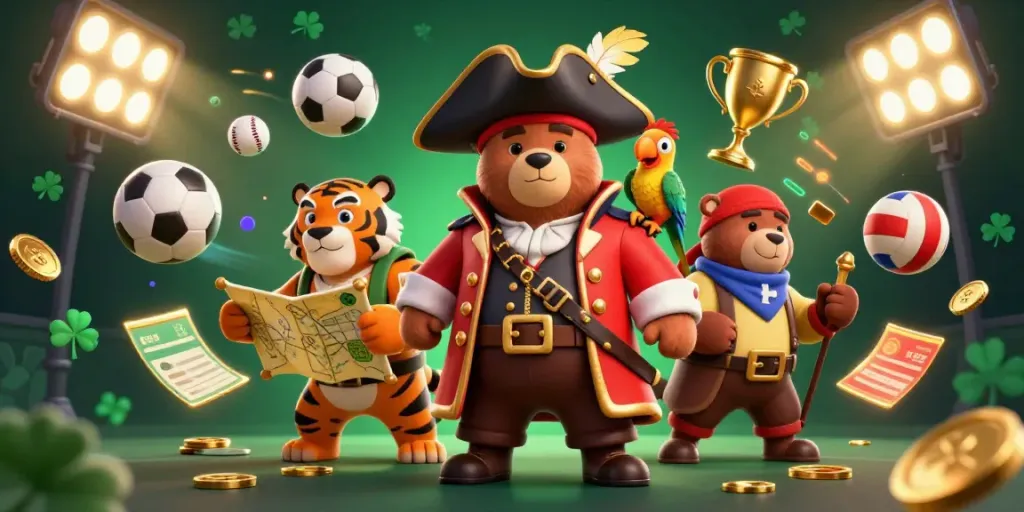 Experience excitement at EA88 with a dynamic illustration featuring a pirate captain bear and sports elements.
