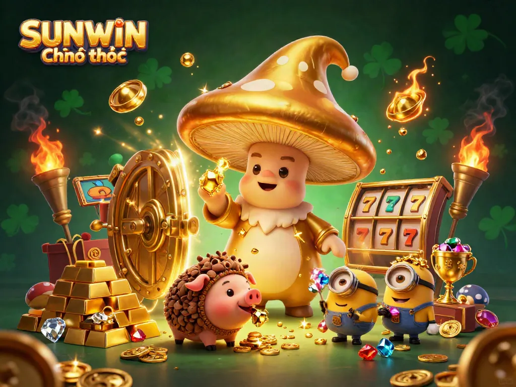 Experience the magic of SUNWIN Chính thức with golden treasures and magical characters in a vibrant casino scene.