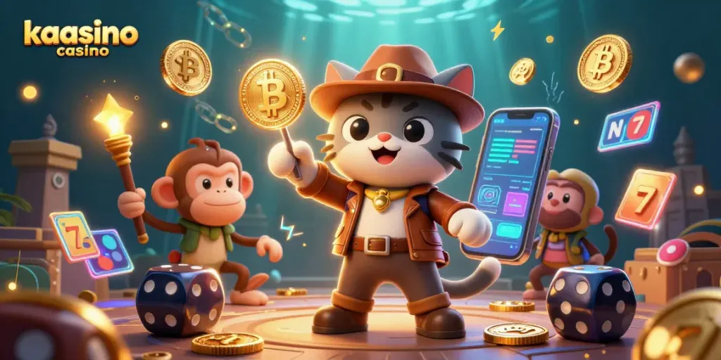 Kaasino casino characters explore a temple, revealing a golden artifact amidst vibrant game elements.