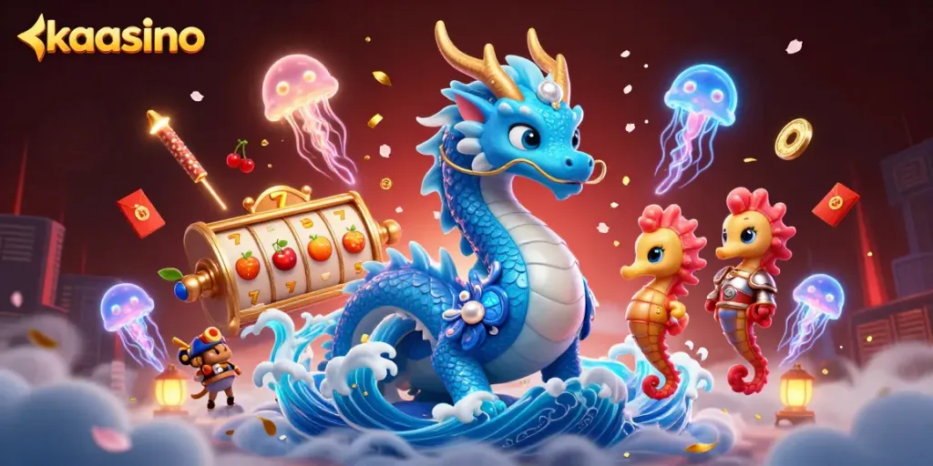 Spin and win at kaasino with a vibrant 3D dragon and dynamic slot elements.