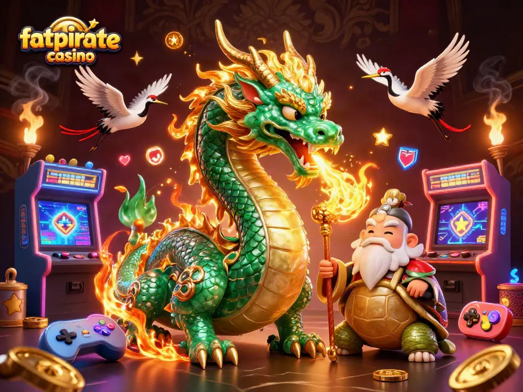 Join the excitement at fatpirate casino with a spectacular gaming scene featuring mythical creatures and arcade action.