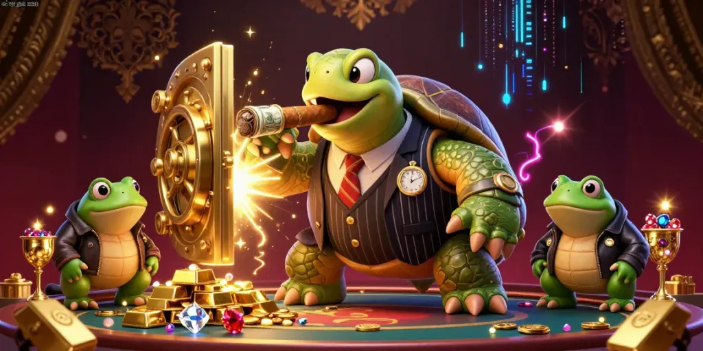 Engage winning strategies at cổng game sunwin with vibrant casino illustrations featuring a snapping turtle in a mobster outfit.