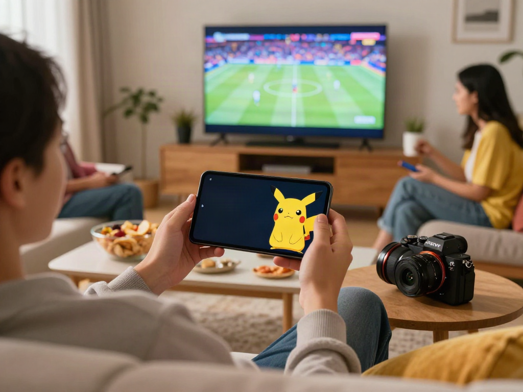 Pikachu App download experience showcased on a smartphone in a cozy living room setting with friends.