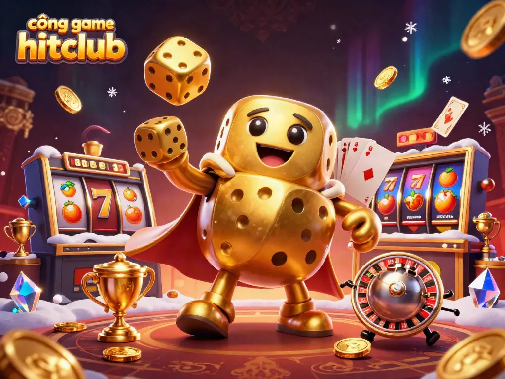 Experience the excitement of cổng game hitclub with golden dice and lively gaming elements in a vibrant 3D illustration.