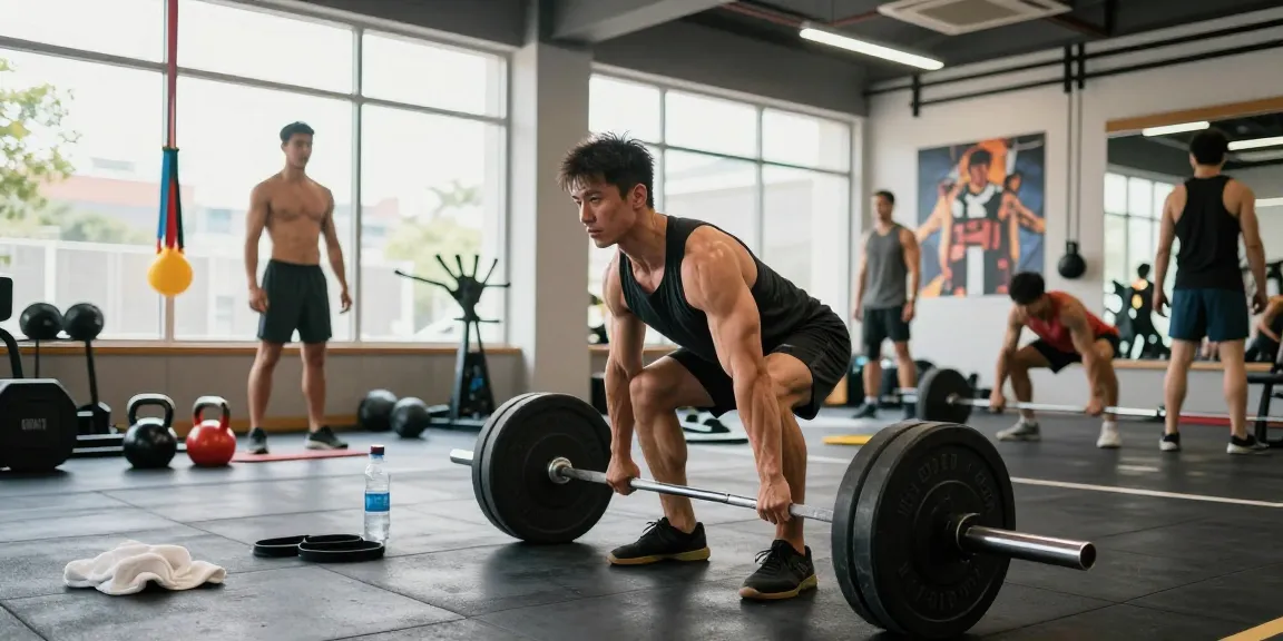 Prime Pharma Steroids: Man die deadlifts in moderne sportschool, intensieve training met gewichten en motivatie op de muren.