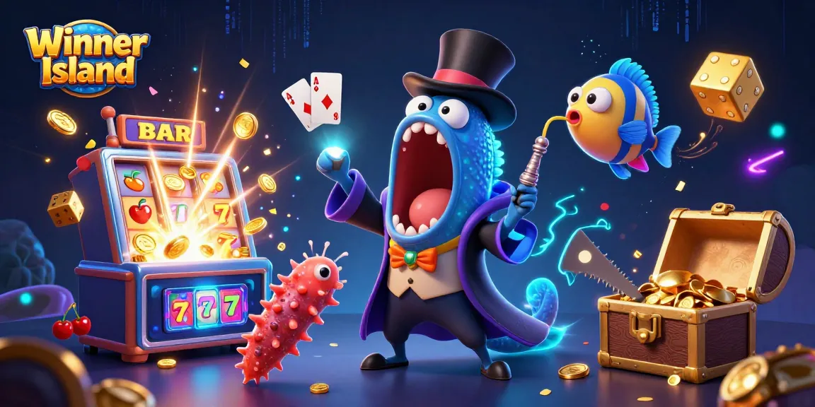 Winner Island casino illustration featuring a bioluminescent eel and slot machines in a vibrant underwater scene.