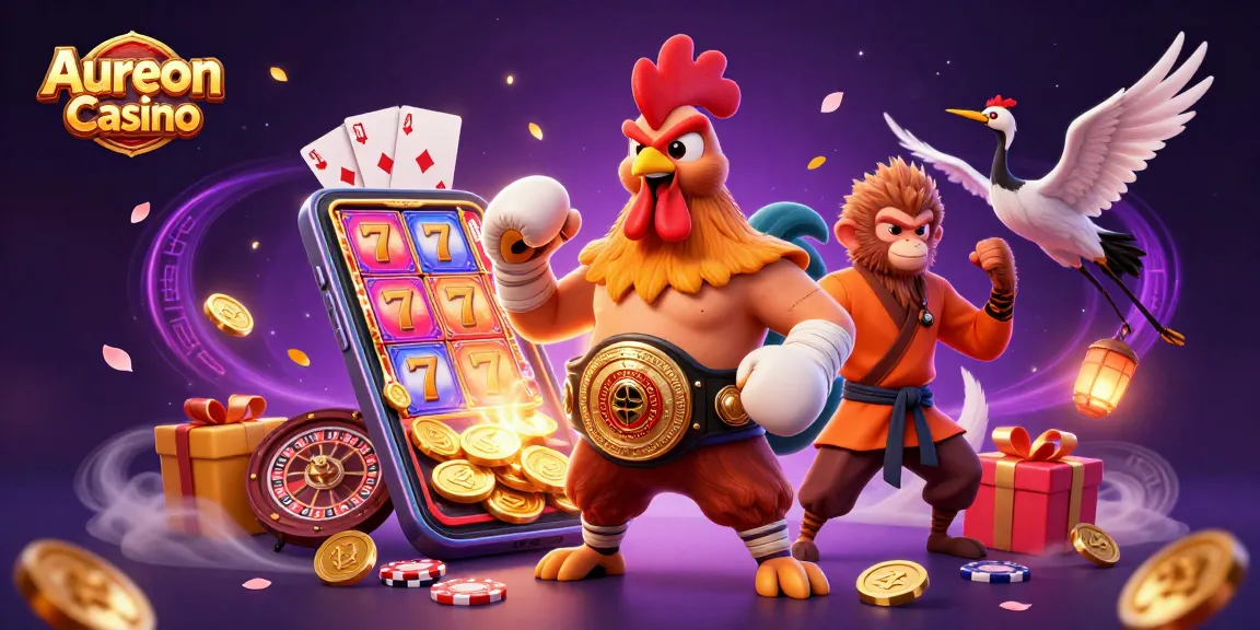 Aureon Casino characters celebrate big wins amid slot games and gold coins, showcasing the exciting gambling experience.