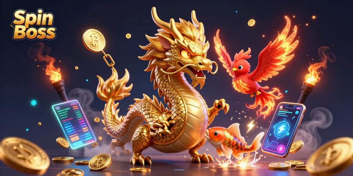 Spin Boss offers a vibrant gambling experience with a golden dragon, phoenix, and koi fish in a lively casino scene.