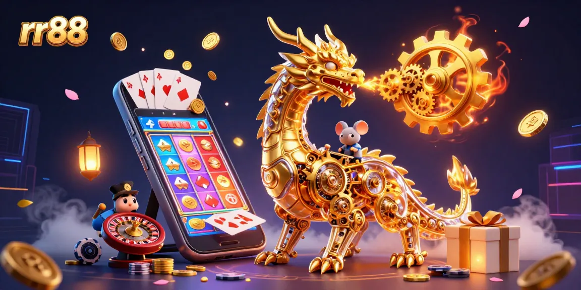 Engage with rr88's colorful slots as a golden dragon inspires gaming adventures.