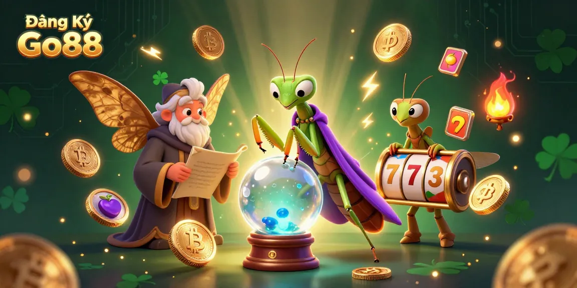 Engage in Đăng Ký Go88 with a captivating scene of a praying mantis fortune teller and wise moth librarian amidst dynamic gambling elements.