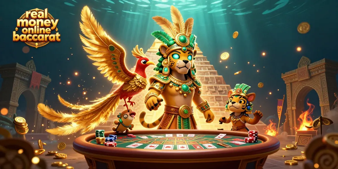 Experience thrilling real money online baccarat with vibrant 3D Mayan characters and casino elements.