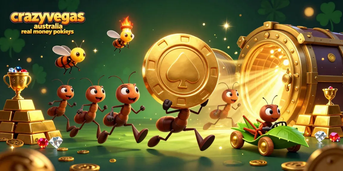 Experience crazyvegas australia real money pokies as animated ants escape with a giant poker chip amidst sparkling treasures.