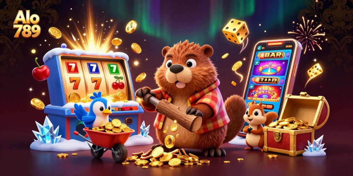 Alo 789 features a beaver collecting coins while a jackpot slot machine bursts with gold coins and symbols.